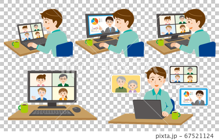 自宅のパソコンでオンライン作業をする男性のイラストセット/白背景 67521124