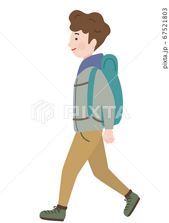 リュックを背負って歩く横向きの男性のイラスト素材