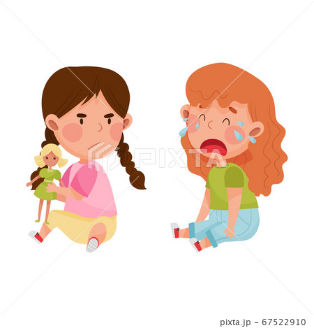 Hostile Kid with Angry Grimace Taking Away Doll from Her Crying Agemate Vector Illustration 67522910