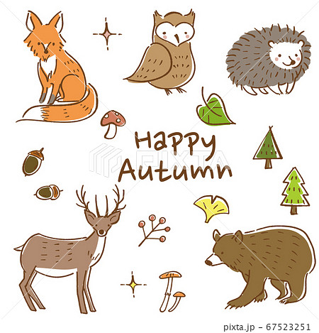 秋の森っぽい手描きの素材セット 動物と植物 カラーのイラスト素材