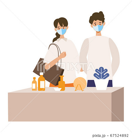 新しい旅のエチケット 手で触らず目でお土産を選ぶ男女旅行者のイラスト Gotoトラベルキャンペーンのイラスト素材