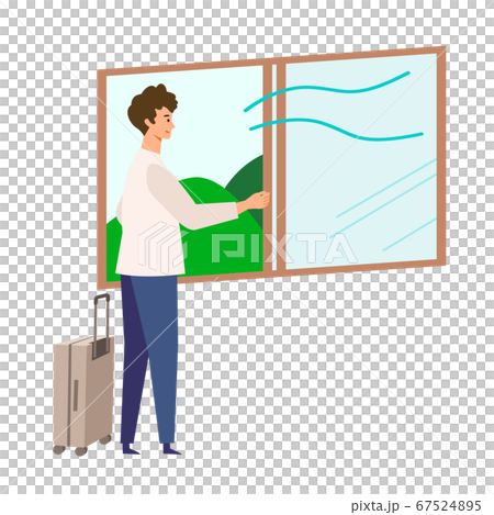 【新しい旅のエチケット】こまめな換気をする男性のイラスト　GoToトラベルキャンペーンに伴うイラスト 67524895