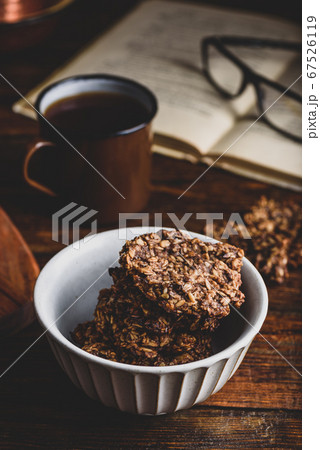 Banana oatmeal cookies with coffee 67526119