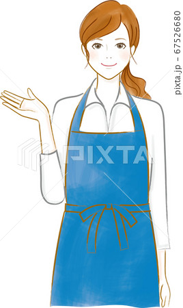 カフェにいそうなエプロンをつけた右手を上げて案内する女性 67526680