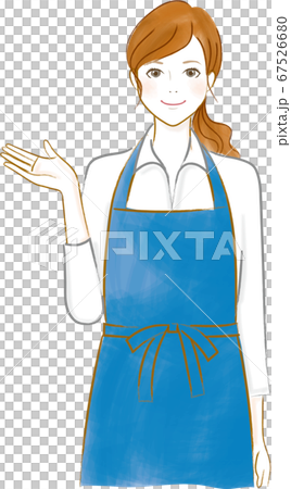 カフェにいそうなエプロンをつけた右手を上げて案内する女性 67526680