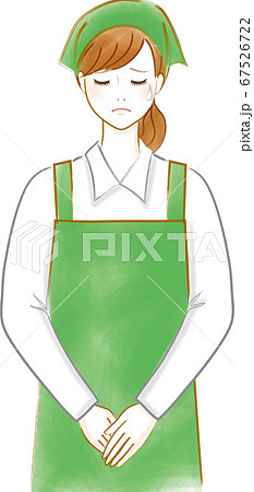 三角巾とエプロンをつけた申し訳ないそうな顔をしている店員さんのイラスト素材