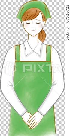 三角巾とエプロンをつけた申し訳ないそうな顔をしている店員さんのイラスト素材
