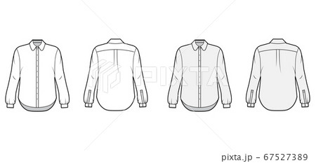 Classic shirt technical fashion illustration set with button down front opening, round collar, long sleeves, oversized 67527389