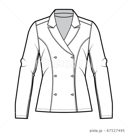 Blazer technical fashion illustration with notched lapel, fitted silhouette, double breasted opening, long sleeves. Blazer technical fashion illustration with notched lapel, fitted silhouette, double breasted opening, long sleeves. 67527495