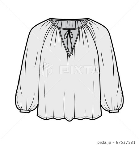 Tie softly gathered neckline blouse technical fashion illustration with loose shape, long sleeves, drapes fluidly. Tie softly gathered neckline blouse technical fashion illustration with loose shape, long sleeves, drapes fluidly. 67527531
