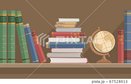 数冊の本とアンティークな地球儀が並んだ 木製の本棚 図書館 書店 教育のコンセプト のイラスト素材