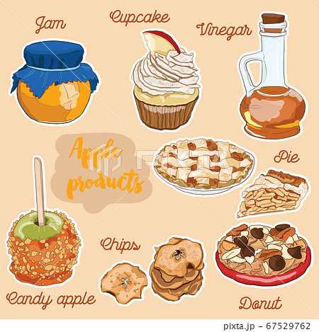 Hand Drawn Full Color Colorful Apple Fruit Products Donut, Pie, Vinegar, Jam, Chips, Cupcake, Candy apple dessert Hand Drawn Full Color Colorful Apple Fruit Products Donut, Pie, Vinegar, Jam, Chips, Cupcake, Candy apple dessert 67529762