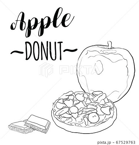 Hand Drawn Black and White Apple Fruit Donut with Peanut Butter Pecan Almond and Chocolate 67529763