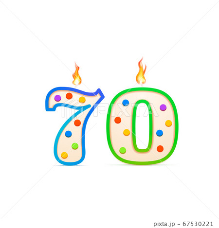 Seventy years anniversary, 70 number shaped birthday candle with fire on white 67530221