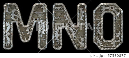 Mechanical alphabet made from rivet metal with gears on black background. Set of letters M, N, O. 3D 67530877