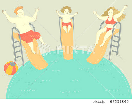 Family Happy Pool Slide Kid Boy Illustration 67531346