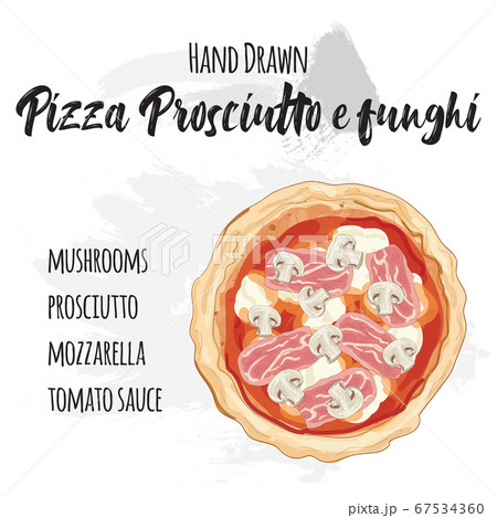 Hand drawn colorful pizza Prosciutto e funghi with ingredients 67534360