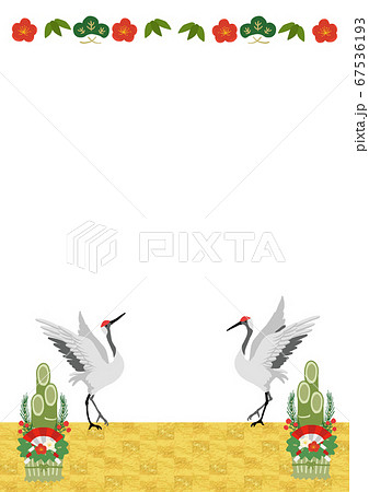 鶴と門松の正月イラストフレーム サイズ縦位置ポスター対応のイラスト素材