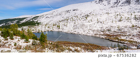 Panoramic view of beautiful mountain lake. Winter. Panoramic view of beautiful mountain lake. Winter. 67536282
