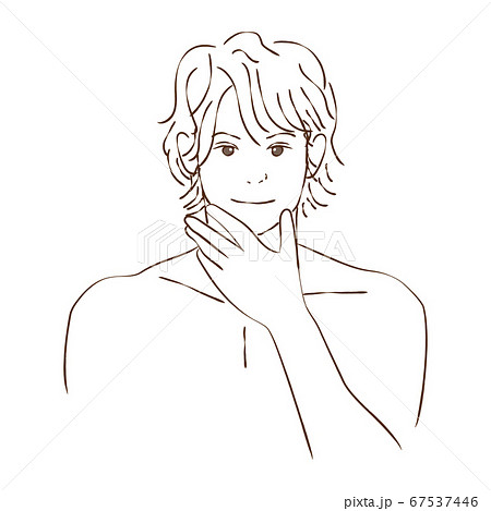 顎に手をあてる男性 長髪パーマのイラスト素材