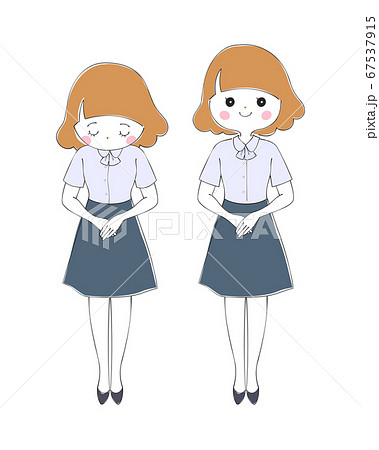 半袖ブラウスとスカートの制服を着てポーズを取る女性 全身のイラスト素材