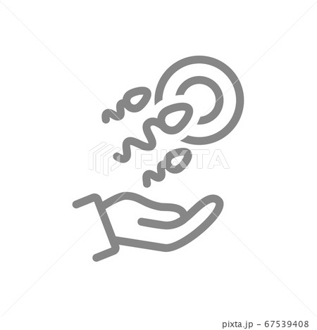 Egg and sperm on hand line icon. Parenthood healthcare, medical treatment, new embryo symbol Egg and sperm on hand line icon. Parenthood healthcare, medical treatment, new embryo symbol 67539408