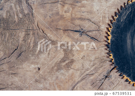 Close-up blade circular saw on the background of the wooden table. Workshop for the production of wooden products. Joiner's cutting tool. Backdrop with free copy space. Top view 67539531