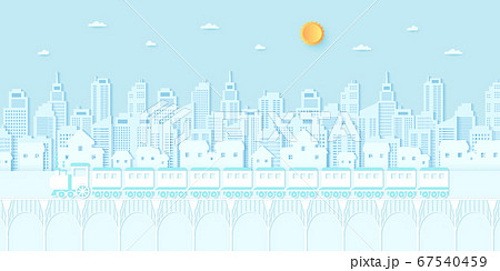 Transportation, Train running on the bridge, Cityscape, residential, house, buildings with blue sky and sun, paper art style Transportation, Train running on the bridge, Cityscape, residential, house, buildings with blue sky and sun, paper art style 67540459