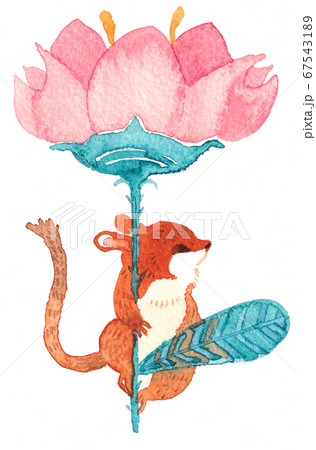 水彩 ネズミと花一輪 のイラスト素材