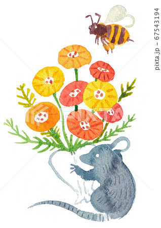 水彩 花束とねずみと蜂のイラスト素材