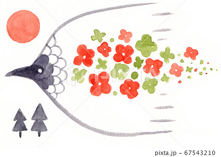 水彩 太陽と花まき鳥のイラスト素材