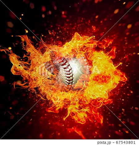 炎に包まれた野球ボールの3dイラストのイラスト素材