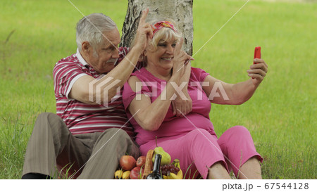 Family weekend picnic. Senior old grandparents couple in park using smartphone online video call Family weekend picnic. Senior old grandparents couple in park using smartphone online video call 67544128
