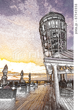 江の島 シーキャンドルの夕焼け 色鉛筆 のイラスト素材
