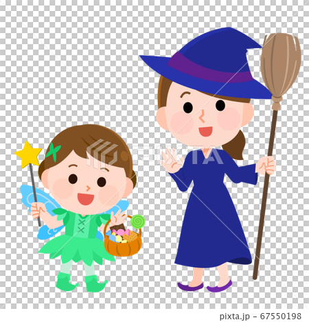 女の子と母親 仮装 ハロウィンパーティ イラストのイラスト素材