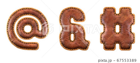 Set of symbols at, ampersand, hash made of leather. 3D render font with skin texture isolated on white background. 67553389