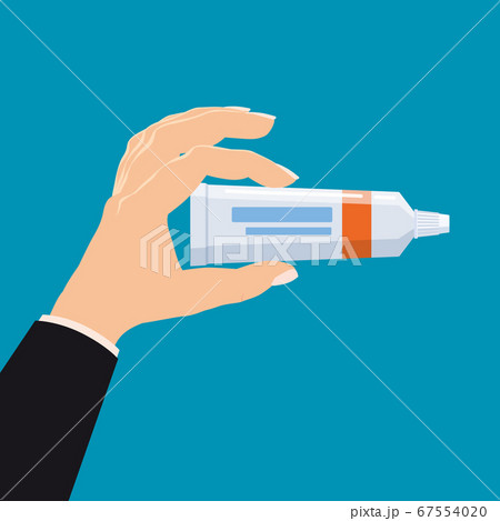 Hand hold pharmacy bottle plastic medicine tube for cream, pasta, gel. Template banner vector illustration isolated cartoon flat style 67554020
