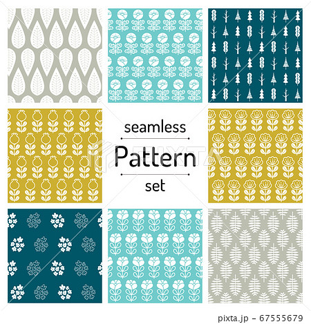 北欧風の植物のシームレスパターンのセットのイラスト素材
