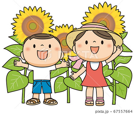 夏ー向日葵の前に立つ子供2人のイラスト素材