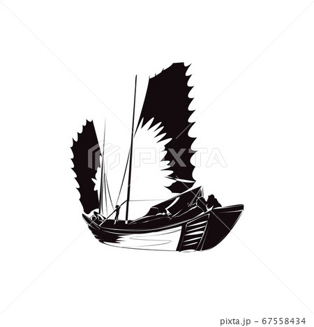 Silhouette of a traditional Asian boat with fishermen Silhouette of a traditional Asian boat with fishermen 67558434