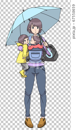雨の日にイヤイヤ期の子供と抱っこ紐の赤ちゃんを連れながら 傘を差して通園する親子 母親 のイラスト素材