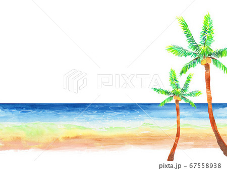 水彩で描いた海とヤシの木のイラスト のイラスト素材