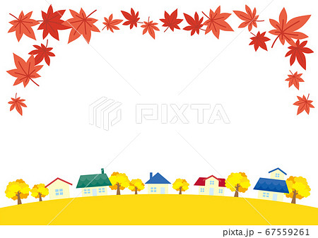 紅葉の降る秋の町並みシンプルな風景イラスト背景素材のイラスト素材