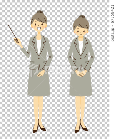 お辞儀したり説明をしたりするスーツ姿の女性の全身 アウトラインなし のイラスト素材