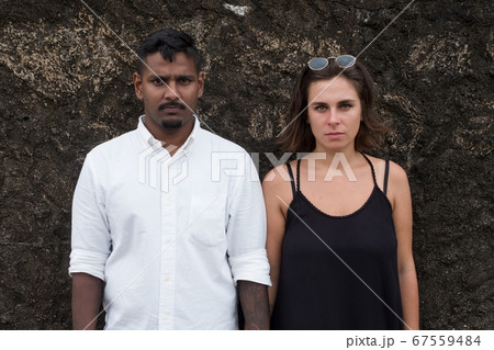 Emotional portrait of young just married couple. 67559484