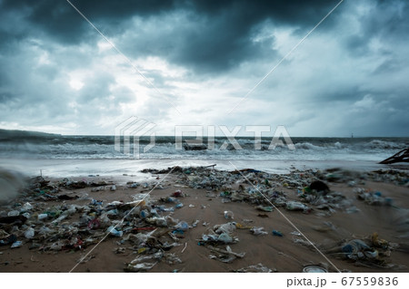 Garbage on beach, environmental pollution in Bali Garbage on beach, environmental pollution in Bali 67559836