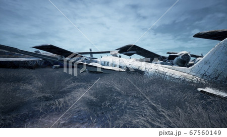 Rusty and broken planes stand in a field against a hazy blue sky. A lot of destroyed, destroyed, abandoned planes. 3D Rendering Rusty and broken planes stand in a field against a hazy blue sky. A lot of destroyed, destroyed, abandoned planes. 3D Rendering 67560149