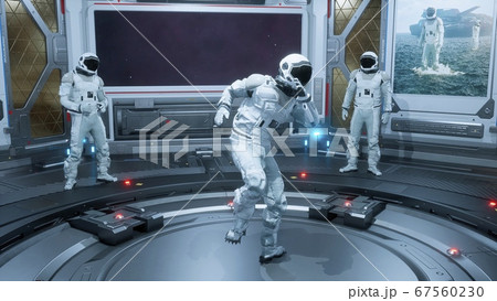 Astronauts relax and have fun on their spaceship. The concept is for fantastic, the futuristic or space travel backgrounds. 3D Rendering 67560230