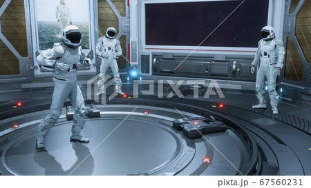 Astronauts relax and have fun on their spaceship. The concept is for fantastic, the futuristic or space travel backgrounds. 3D Rendering 67560231