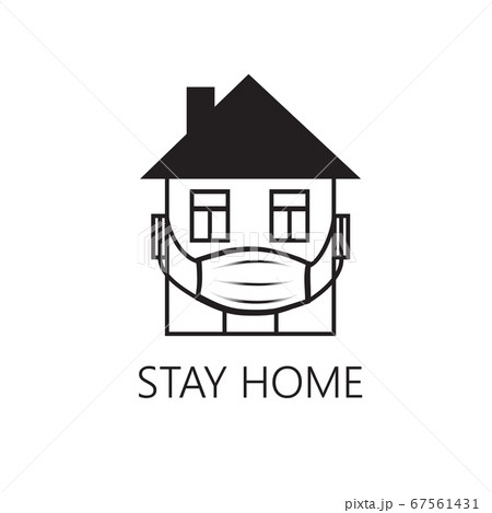 Quarantine sign. Crestative symbol with house, wearing medical mask and lettering "Stay home", "Stay safe" over white background. 67561431
